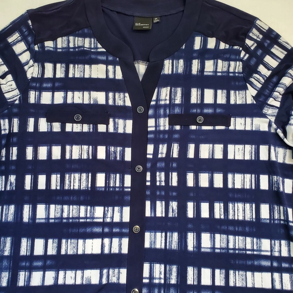 Elie McCarthy Blouse Plaid Blue White Poly Spandex Short Sleeve Top Size 2X